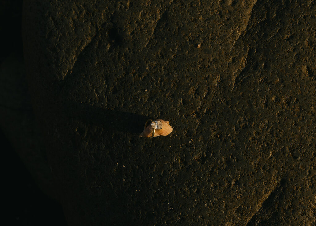 A close up of an oval cut diamond solitaire engagement ring on a thin gold band is photographed atop a seashell during a pacific beach engagement sessions