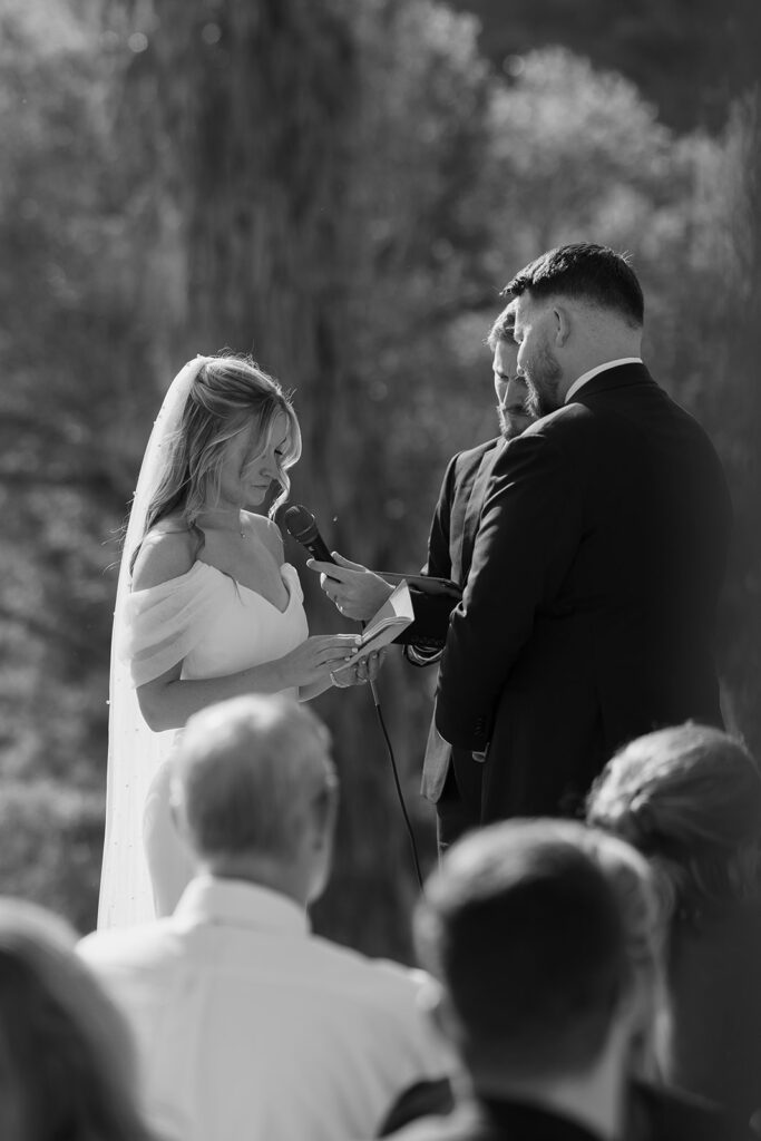 bride and groom exchanging vows at their The Lambs Fellowship in lake elsinore